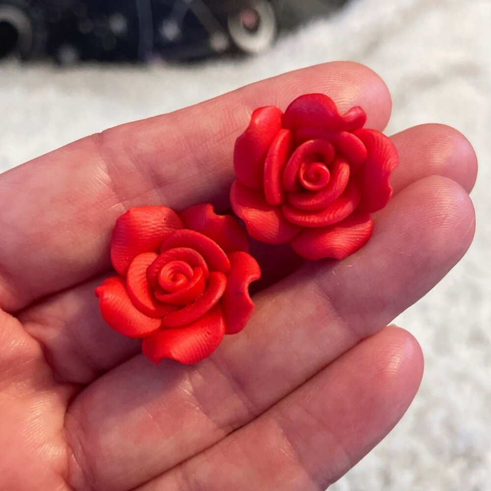 Handmade Polymer Clay Red Rose Stud Earrings